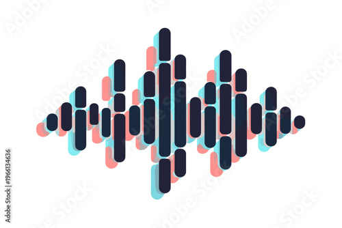 Modern 3D Audio Waveform Icon – Colorful Sound Visualization with Anaglyph Chromatic Effect, Cyan Pink Blue Glitch Sound Wave, Digital Music and Voice Graphic on White Background