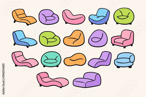 Vibrant Collection of Colorful Modern Bean Bag Chairs and Lounge Furniture, Bright Rainbow Chaise Lounges and Poufs in Flat Vector Style, Playful Contemporary Seating Set