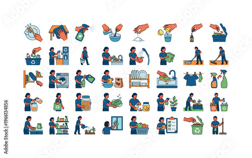 Eco-friendly household chores and sustainable living practices illustrated