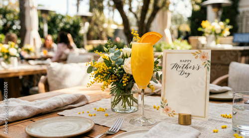 Mimosa cocktail and Happy Mother's Day card on a restaurant table. Brunch celebration with flowers and orange drink. Outdoor dining table setting