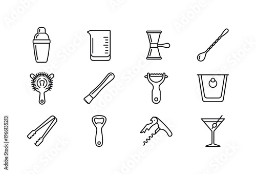 Collection of essential bar tools for making cocktails and drinks