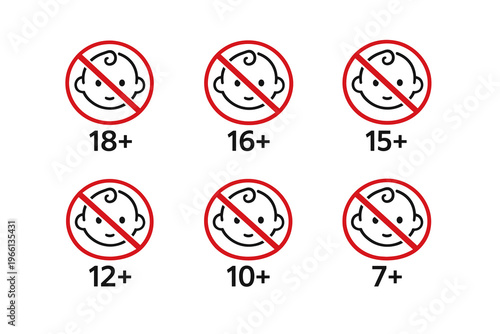 Flat Vector Age Restriction Icons Set – 18+, 16+, 15+, 12+, 10+, 7+ with Baby Face Prohibition Signs in Red