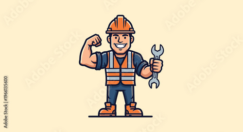 Cartoon construction worker displaying strength with wrench and helmet