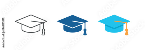 Graduation caps in different styles: outline, solid blue, and solid light blue with orange tassel
