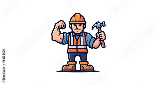Cartoon construction worker posing with hammer and flexing arm isolated