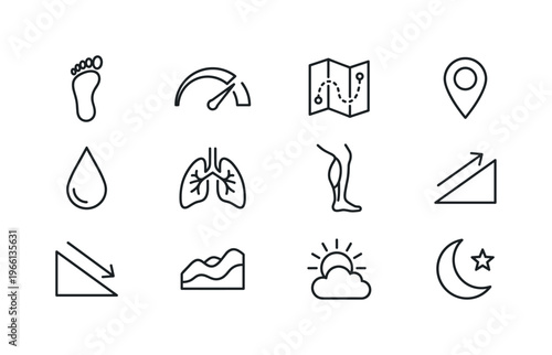 Collection of icons representing health, travel, and environmental concepts