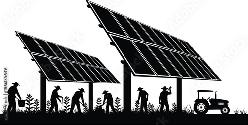 Sustainable agriculture concept with solar panels and farmers in field silhouette