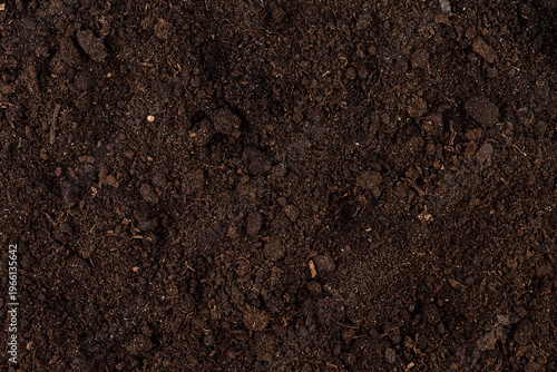 Rich dark brown moist soil with a textured surface, as background. Fertile soil.