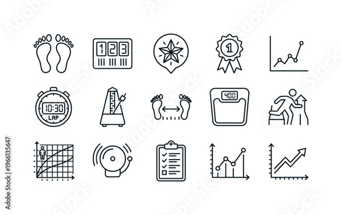 Collection of icons representing progress, measurement, and achievement in fitness and performance