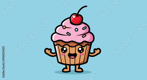 Cartoon cupcake character with cherry and pink frosting on blue background