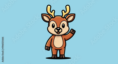 Cartoon deer character with antlers waving on light blue background