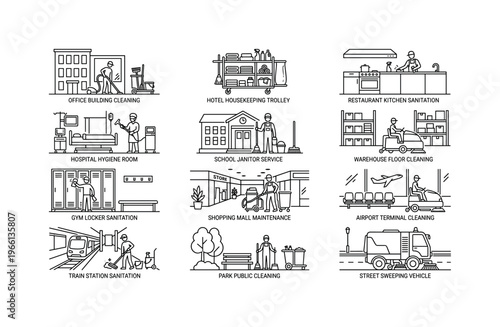 Diverse commercial cleaning services and janitorial tasks illustrated in line art style