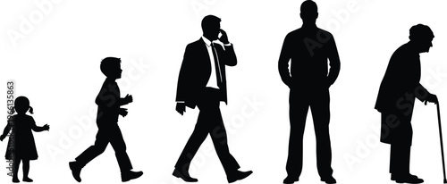 Black silhouettes set of human life cycle from childhood to old age representing growth development aging process and different stages of life