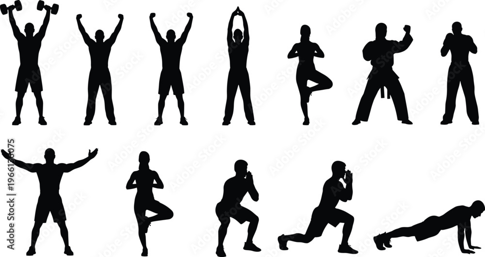 Fototapeta premium Collection of black silhouettes featuring people performing various fitness exercises yoga poses martial arts training and gym workout routines isolated on white.