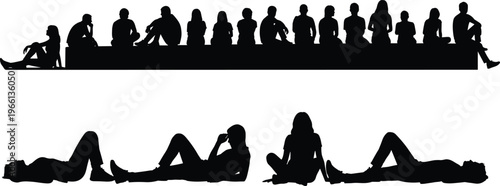 Collection of black silhouettes featuring people sitting on a ledge and lying down in relaxed poses isolated on a white background.