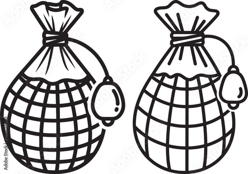 A black and white line drawing of two identical cured meat products, possibly ham or salami, in a net bag.