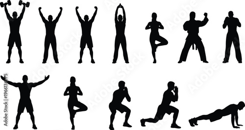 Collection of black silhouettes featuring people performing various fitness exercises yoga poses martial arts training and gym workout routines isolated on white.