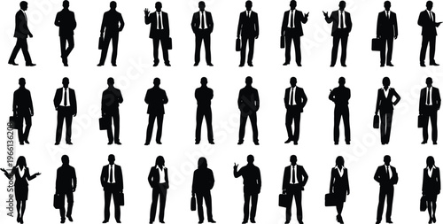 various poses for corporate teamwork and leadership silhouettes in professional formal suits standing and walking in various poses for corporate teamwork and leadership concepts