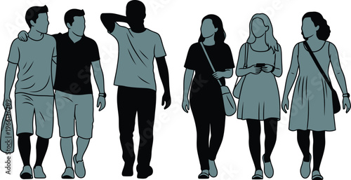 Minimalist people silhouettes walking, diverse group of men and women in casual summer clothing, flat vector human figures for architectural visualization