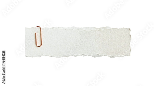 Blank torn white paper strip attached with a rose gold paperclip on a transparent background