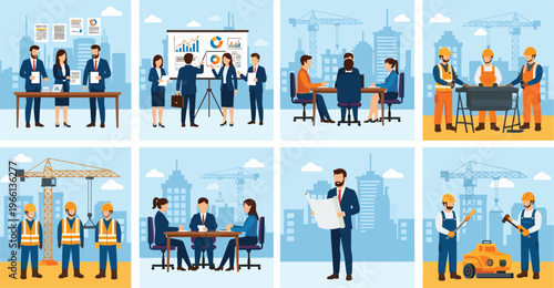 Flat vector illustration set of construction and business professionals working on industrial projects including engineering planning site meetings and corporate office presentations