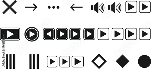 Set of black media player icons including play pause volume arrows and navigation buttons for video interface and application user design concepts