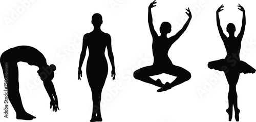 Set of black silhouettes featuring female ballet dancers and gymnasts performing graceful poses stretching and artistic dance movements isolated on white background.