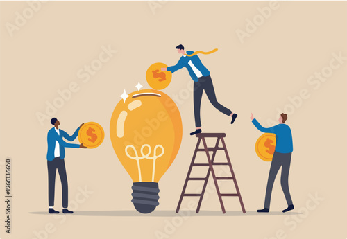 Fundraising idea, funding new innovative project, donation, investing or VC venture capital to support startup idea concept, business people donate or contribute fund raiser new lightbulb.