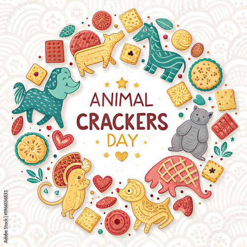 Animal crackers day decorative circular frame art.