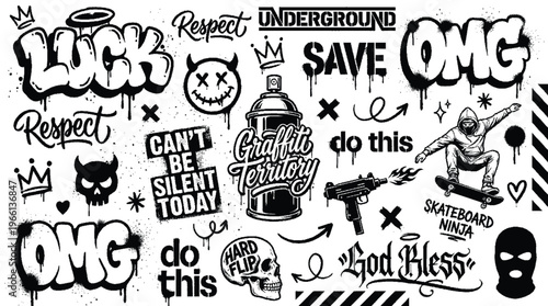 Urban culture art, graffiti, tags, lettering, gothic calligraphy. Isolated street art graphic box with spray effect, spatter and dripping paint. 3D graffiti, Hiphop urban style for streetwear. Vector