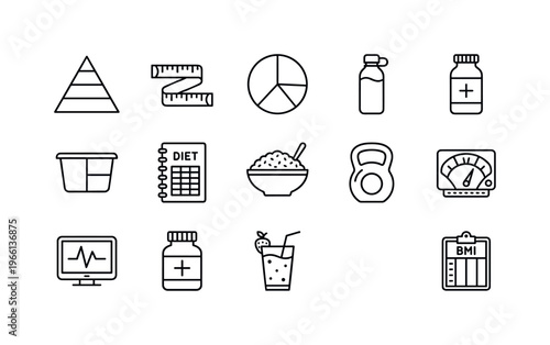 Healthy lifestyle icons representing diet, fitness, and wellness goals