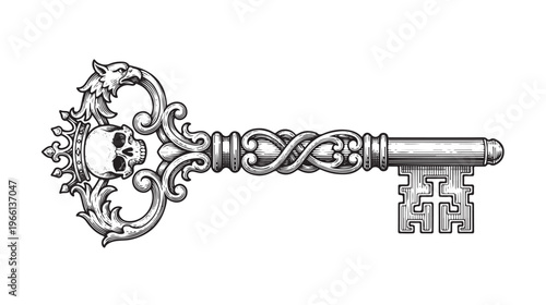 An ornate metal key with a decorative skull on a white background