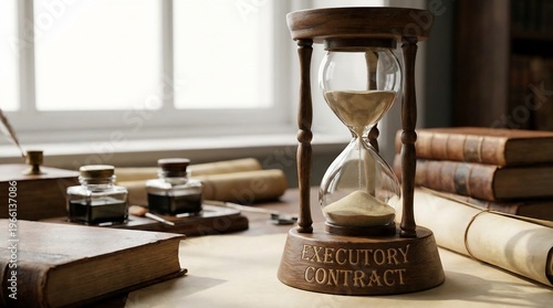 Vintage hourglass with Executory Contract text on a historic legal desk.