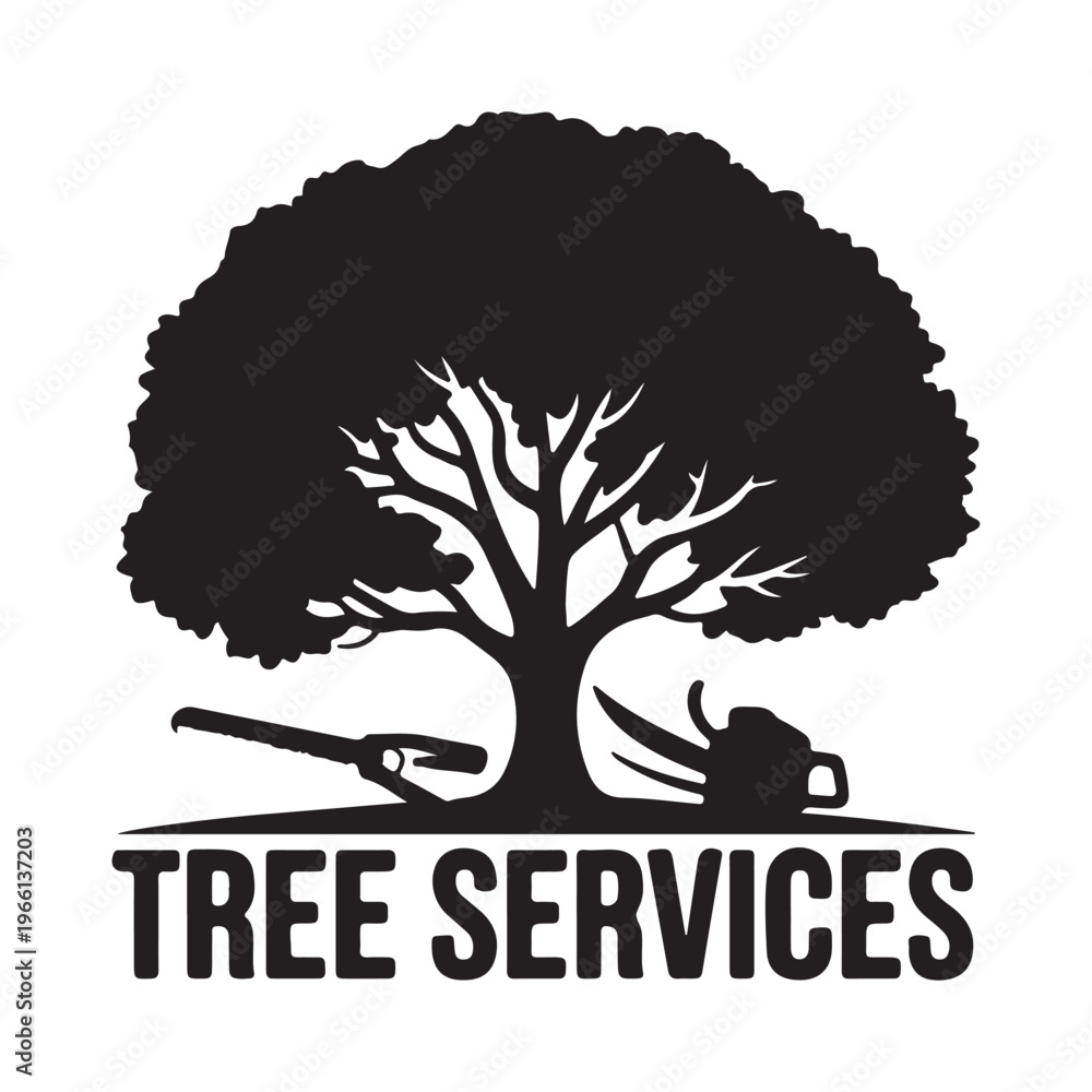 Fototapeta premium Tree Services Logo with Chainsaw and Tree Silhouette – Arborist and Landscaping Vector Design