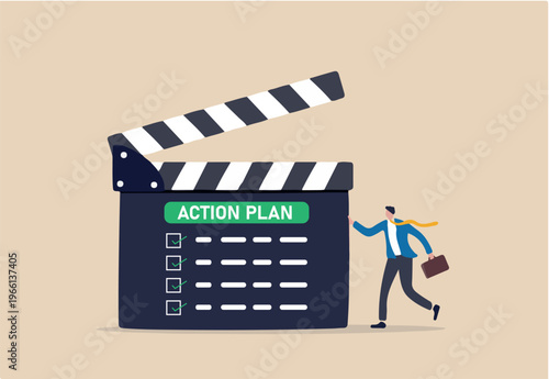 Action plan with checklist step by step of business implementation, procedure or strategy plan to finish project concept, businessman manager with director clapboard or slate listing action
