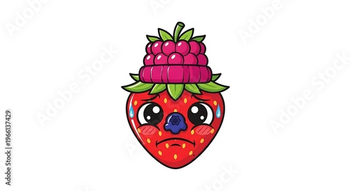 Cute Cartoon Strawberry Character Feeling Sad and Anxious Wearing a Raspberry Hat