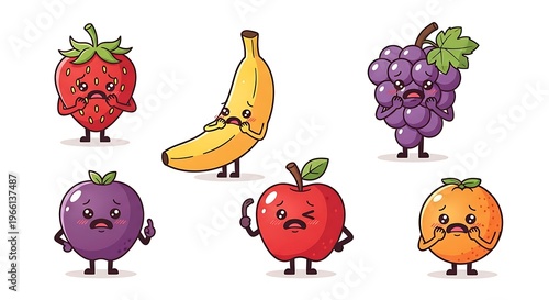Collection of Six Adorable Cartoon Fruits Expressing Sadness or Fear on White Background
