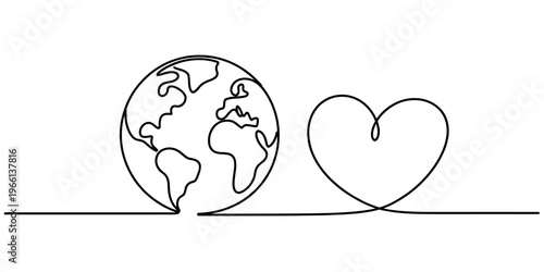 A single continuous line drawing of the planet earth globe connected to a heart symbol shape