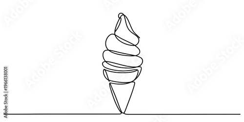 A minimalist single line drawing of a delicious soft serve ice cream cone on a white background