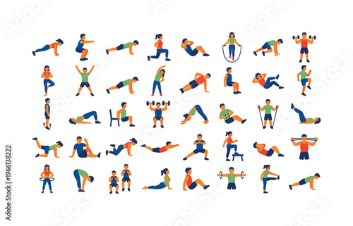 Diverse group of people performing various fitness exercises in a grid layout