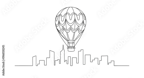 Hot Air Balloon Above City Skyline.