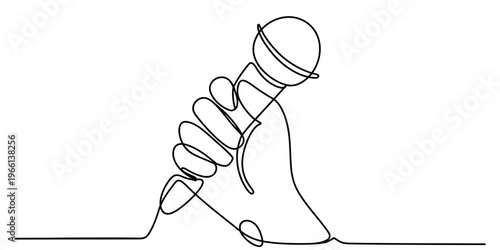 A continuous single line drawing of a human hand holding a microphone for singing or speaking.