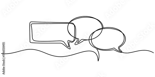 Minimalist continuous line drawing of three interconnected speech bubbles on a plain background.