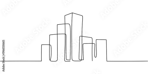 A minimalist single line drawing of an urban city skyline featuring various skyscraper shapes