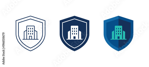 Corporate risk protection concept represented by shield and building icons