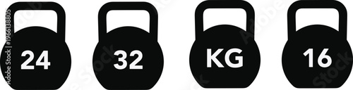 Weight icon set. Kg bell logo. Kettlebell, heavy sign. Iron dumbbell symbol in vector flat