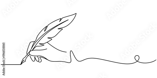 Minimalist continuous line drawing of a hand holding a classic feather quill pen for writing