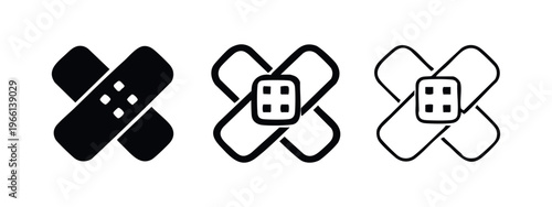 Cross band aid icon set. Medical plaster symbol for first aid, wound care, and injury protection.