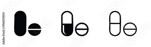Medical capsule and tablet pills icon set. Pharmacy, medication, and drug symbol for health and treatment.