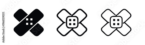 Adhesive medical plaster icon set. First aid bandage symbol for wound care, protection, and healthcare.